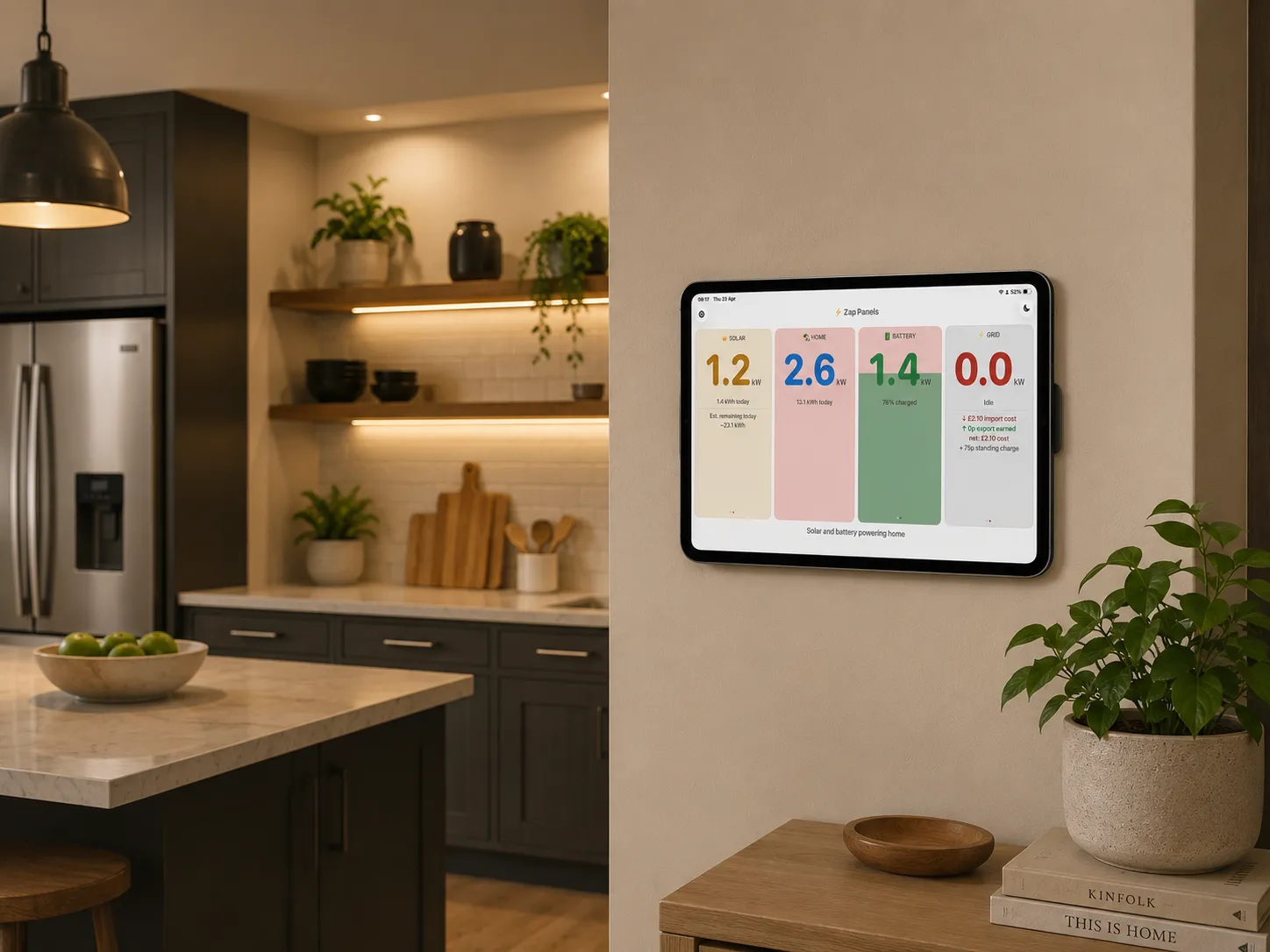 Zap Panels running on an iPad mounted on a wall showing the full energy dashboard