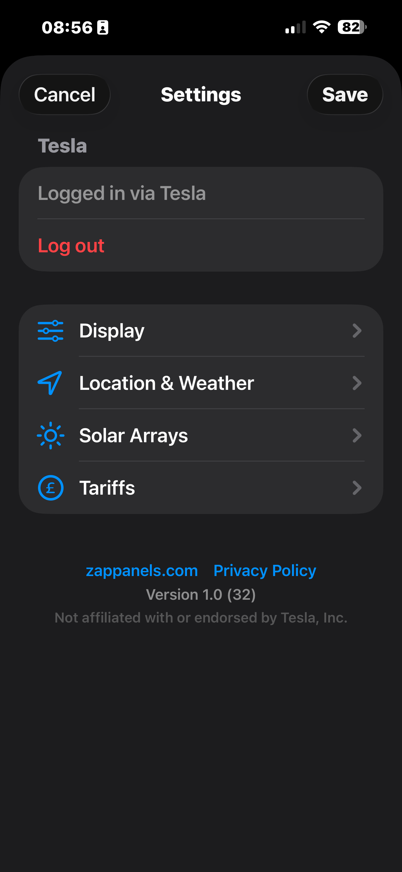 Settings screen showing logged in via Tesla and navigation sections
