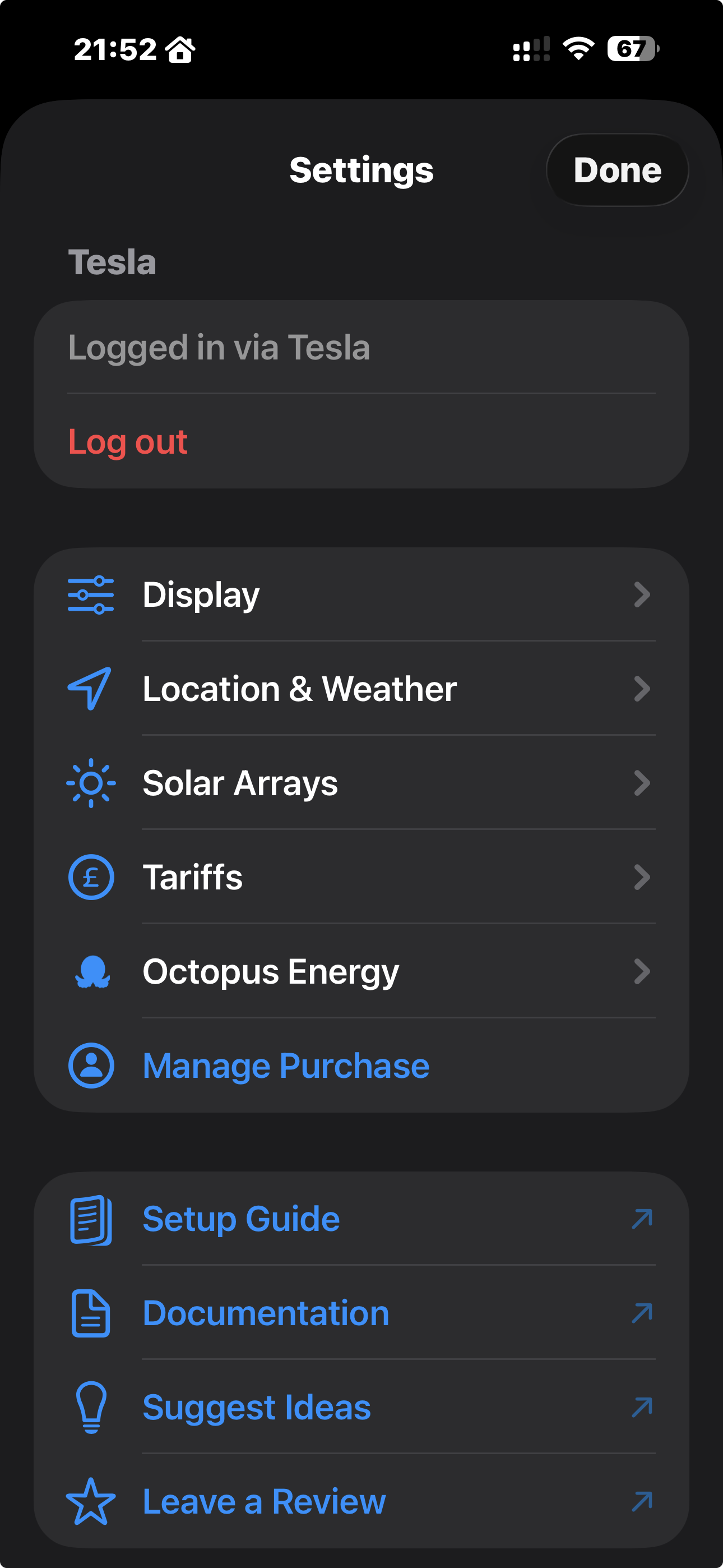 Settings screen showing logged in via Tesla and navigation sections including Display, Location & Weather, Solar Arrays, Tariffs and Octopus Energy