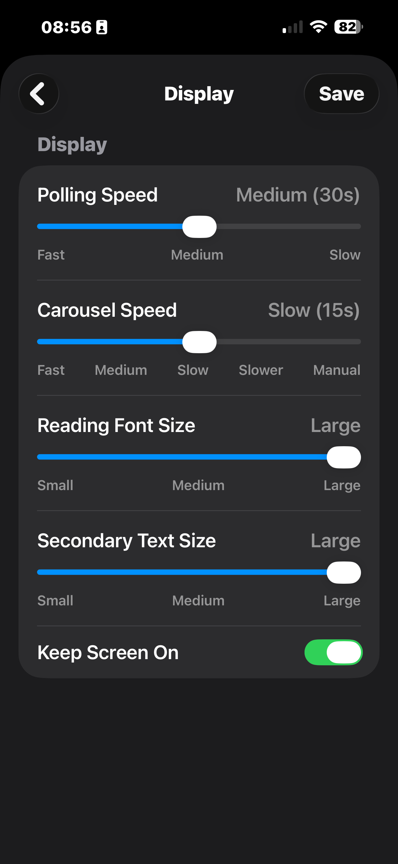 Display settings showing polling speed, carousel speed, font size and keep screen on controls