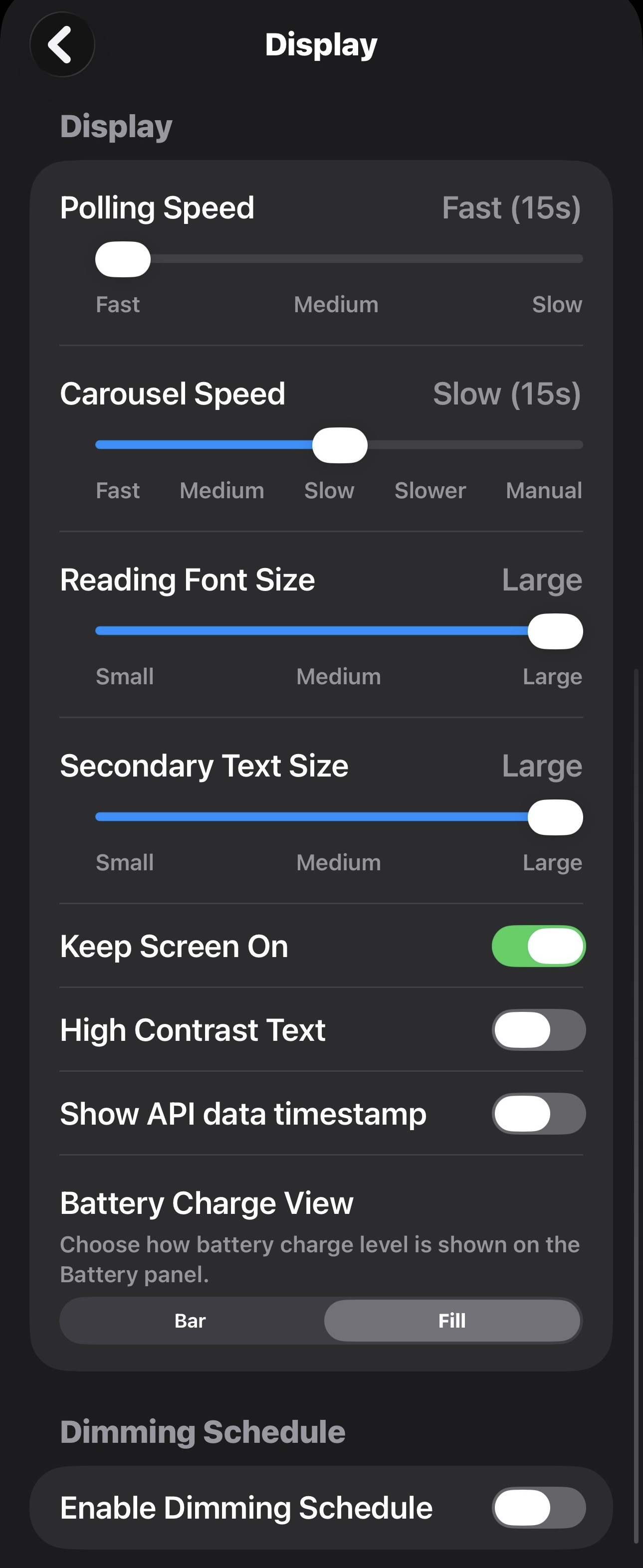 Display settings showing polling speed, carousel speed, font and text size sliders, keep screen on, high contrast text, show API data timestamp, battery charge view and dimming schedule