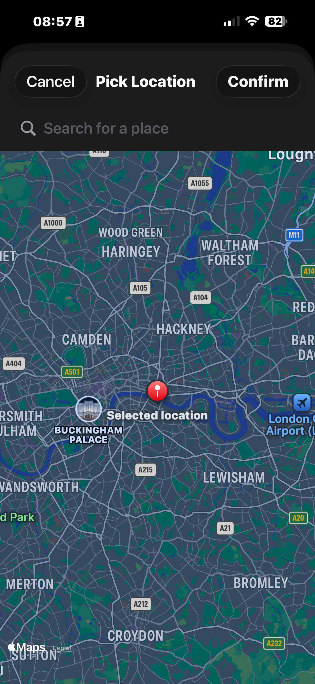 Map showing a pin placed on London to pick home location