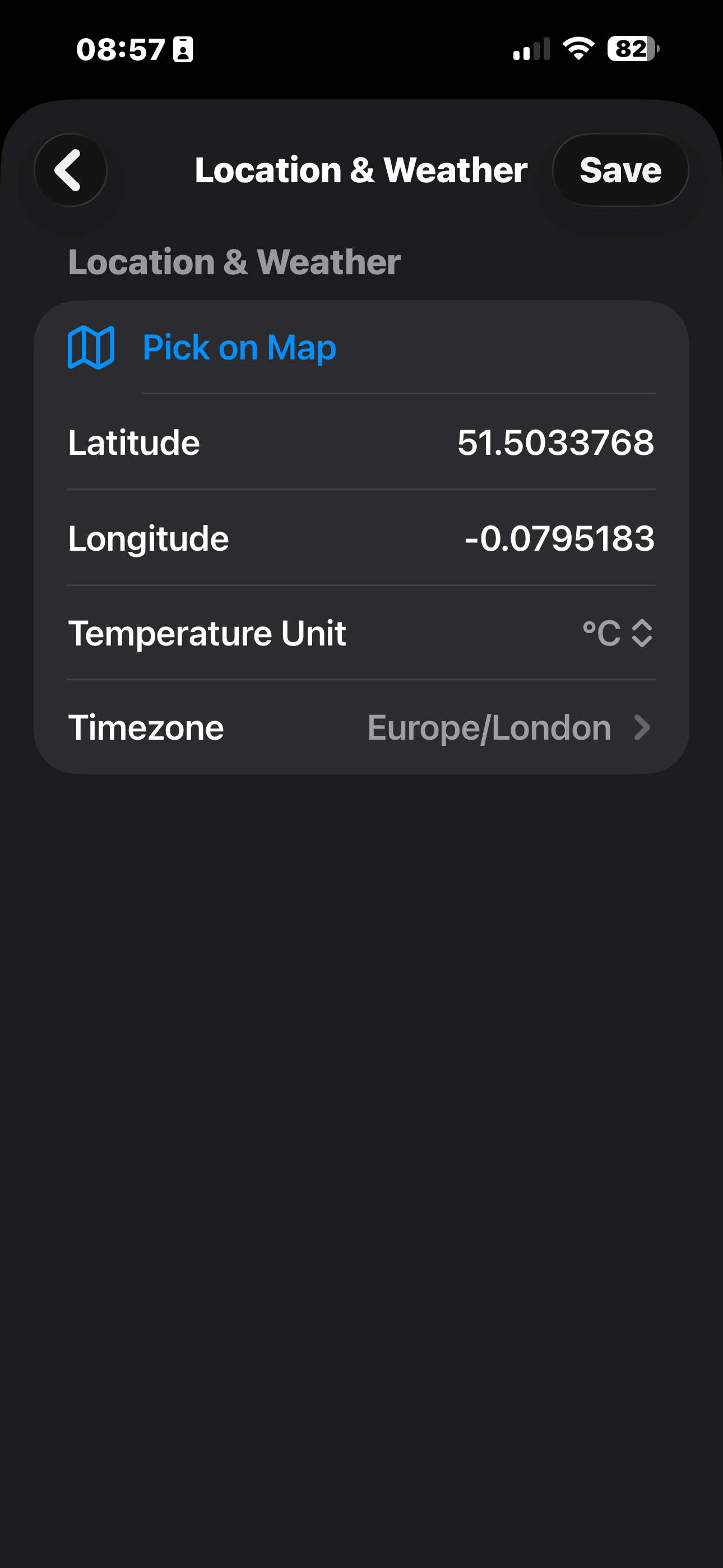 Location and weather settings showing coordinates, temperature unit and timezone