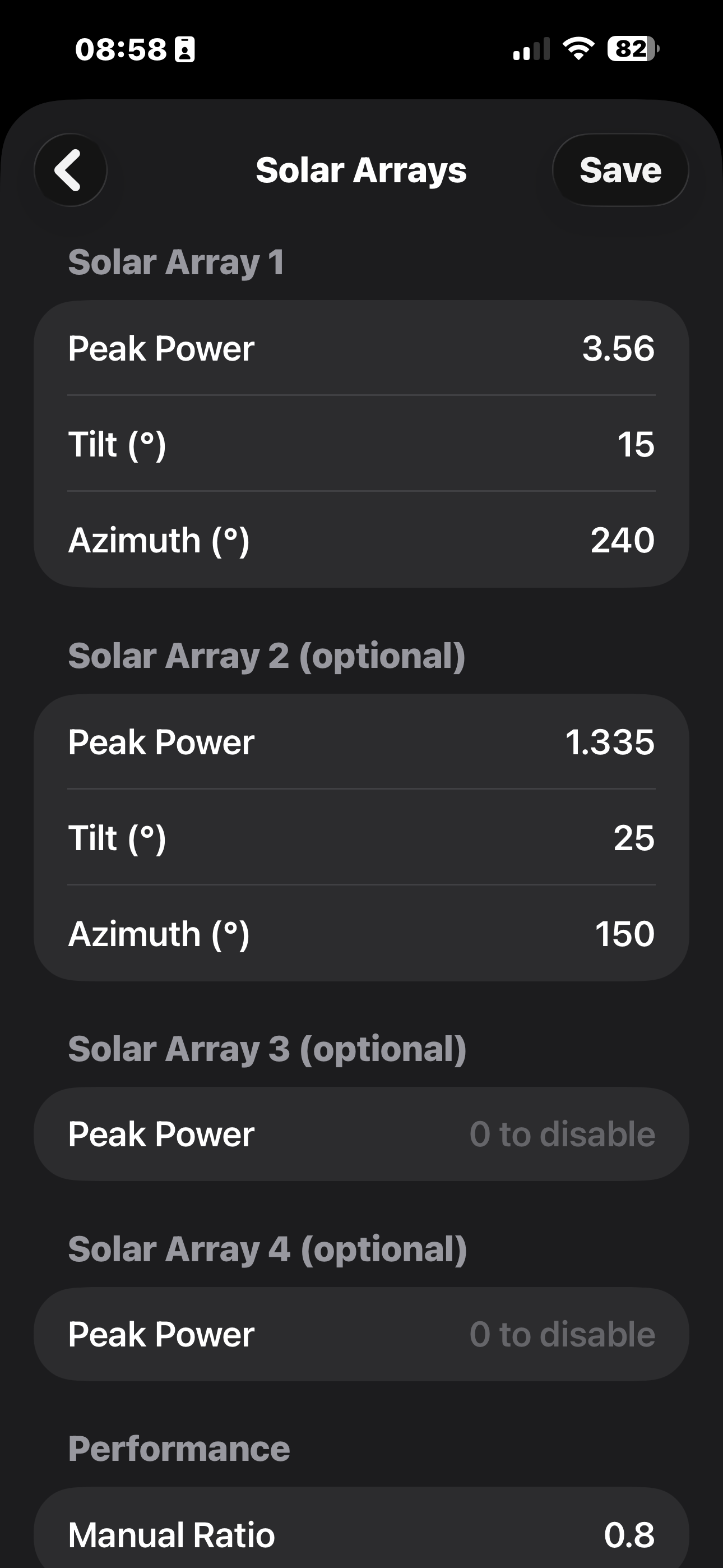 Solar array settings showing two arrays configured with peak power, tilt and azimuth
