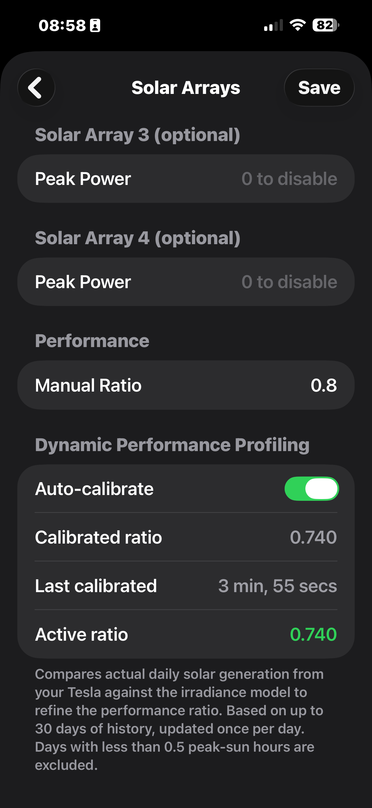 Solar array settings showing auto-calibrate toggle and calibrated performance ratio