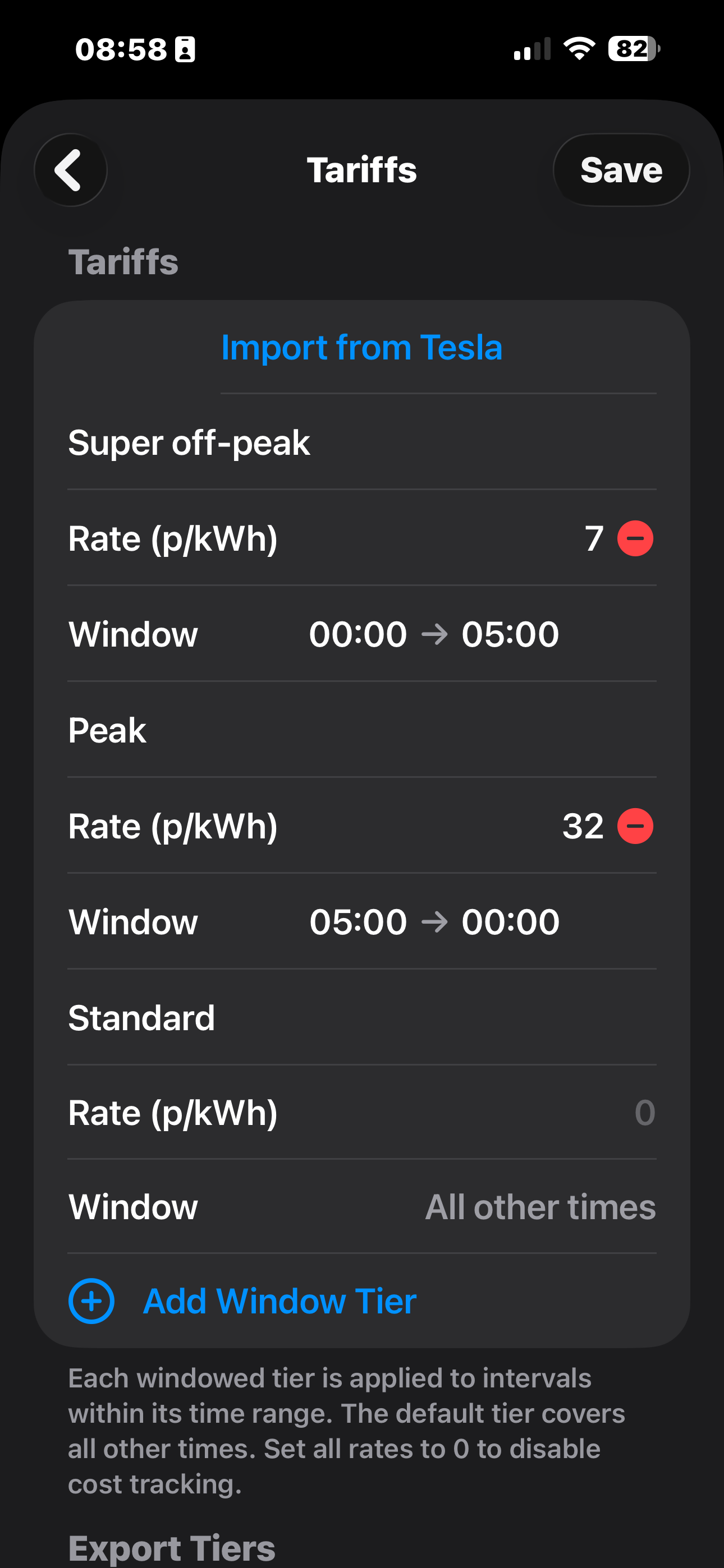 Tariffs settings showing import tiers with time-of-use windows