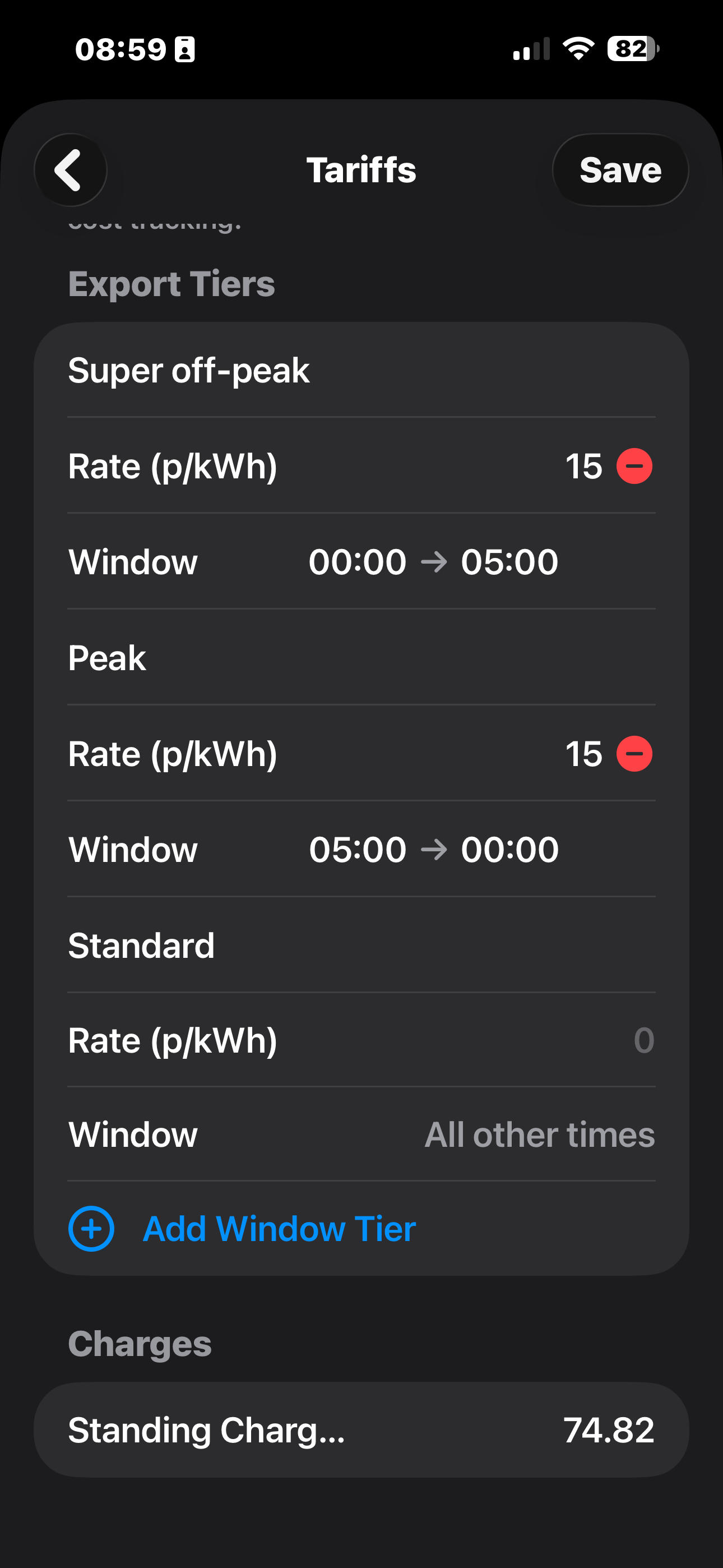Tariffs settings showing export tiers and standing charge