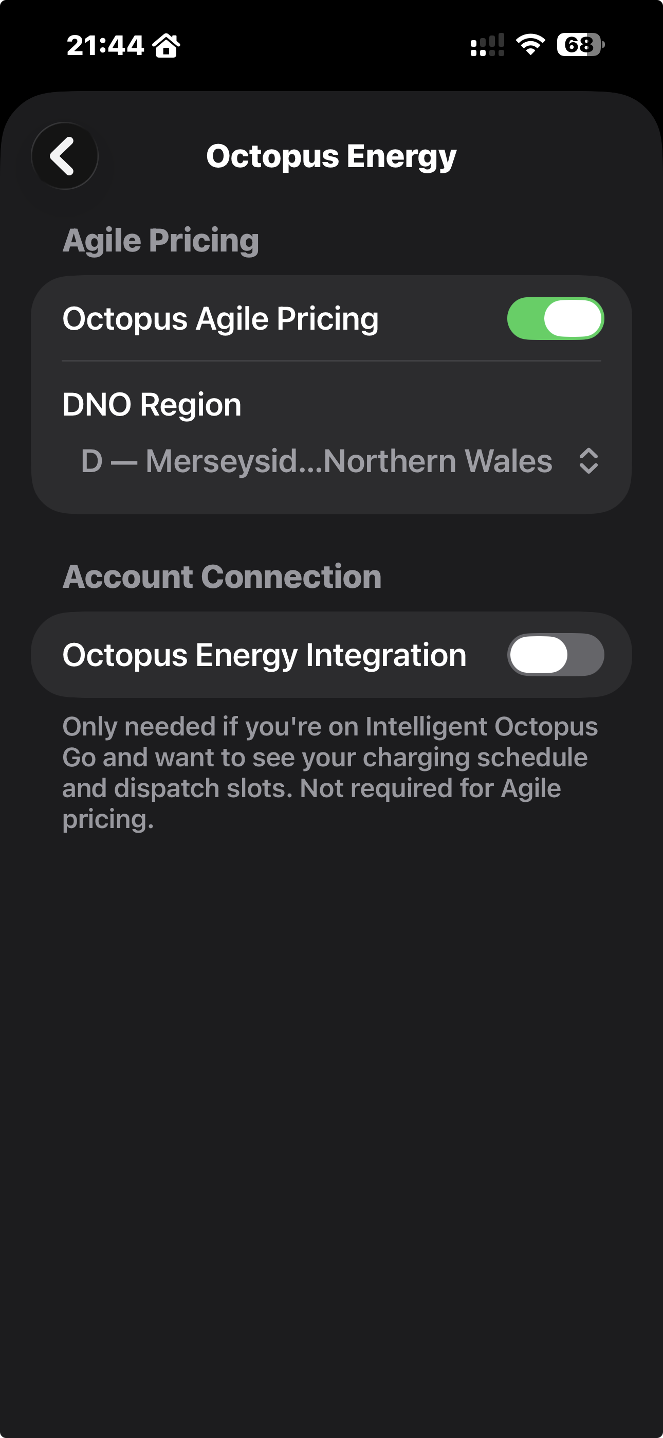 Octopus Energy settings showing Octopus Agile Pricing toggle enabled and DNO region selector