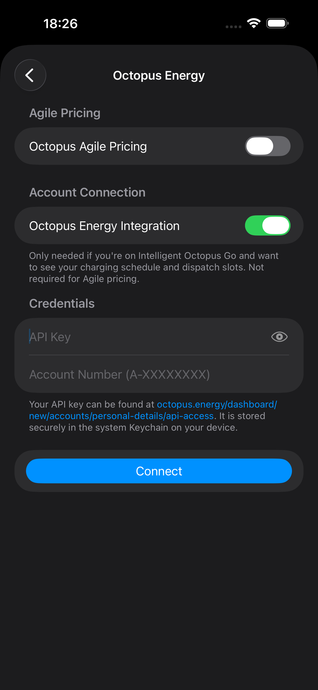 Octopus Energy settings showing Agile Pricing toggle, Octopus Energy Integration enabled, and API key and account number credential fields